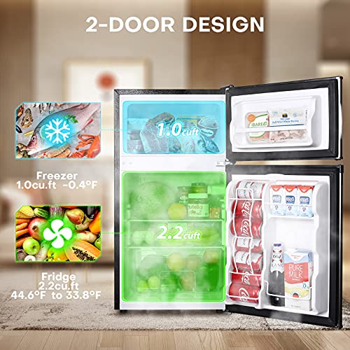 Upstreman 3.2 Cu.Ft Mini Fridge with Freezer, Stainless Steel 2 door, Adjustable Thermostat, Low