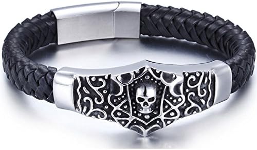 Mens Genuine Leather Stainless Steel Skull Wrap Bracellet Fashion Jewelry