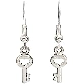 Tiny Key to My Heart Charm Earrings, Handmade Antique Silver Love Dangle Jewelry