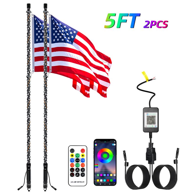 Photo 1 of 2PCS 5FT Whip Lights, LED Whip Light with App & Remote Control, Spiral RGB Chasing Lighted Antenna Whips,Whip Light for UTV ATV RZR SXS Can-Am Dune Buggy Offroad Truck (5ft)