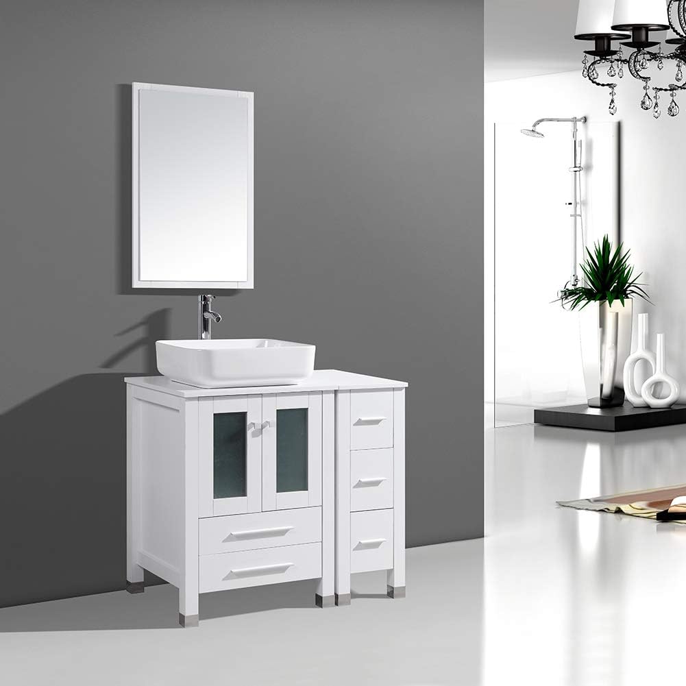 DodreHome 36" Modern Bathroom Vanity MDF Cabinet Combo with Ceramic Vessel Sink with Faucet and Pop Up Drain Set,Mirror Included,White Color
