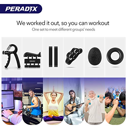 Peradix Hand Grip Strengthener Workout Kit, 6 Pack Forearm Grip Adjustable Resistance Hand Gripper, Finger Exerciser, Finger Stretcher, Grip Ring, Resistance Bands & Stress Relief Ball for Athletes