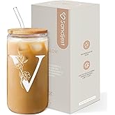 SANDJEST Monogrammed Gifts for Women - Monogram V Initial Glass Cup 16 Oz Can Coffee Cups with Lid and Straw - Monogram Initials Gifts for Womens on Birthday