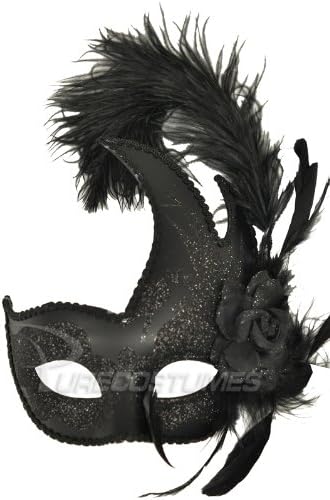 Womens Venetian Masquerade Black Mask with Feather, flower, and Glitter