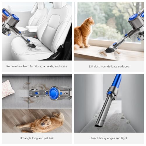Honki Cordless Vacuum Cleaner for Home, Powerful Stick Vacuum with Rechargeable Battery, Green Light Anti-Tangle Brush, 6-in-1 Lightweight Handheld Vacuum for Pet Hair, Hard Floor, Carpet, Blue