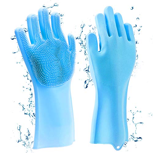 Familighter Silicone Gloves with Wash Scrubber Non-Slip Magic Latex Gloves for Household Cleaning Great for Protecting Hands in Dishwashing Car Washing Kitchen Bathroom Cleaning Blue - Thumbnail 6