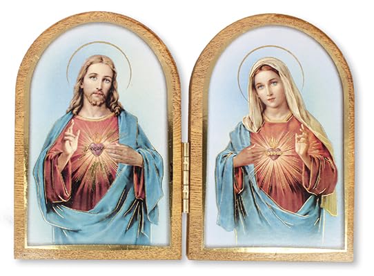 celebrationgiftsforall Sacred Heart of Jesus and The Immaculate Heart of Mary Folding Wooden Plaque with Gold Highlights Keepsake Religious Ornament with Prayer Wallet Card