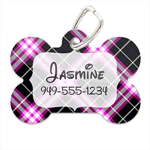 Custom Disney Themed Font Black &amp; Pink Plaid Pet ID Tag with Personalized Name &amp; Phone Number for Dogs &amp; Cats