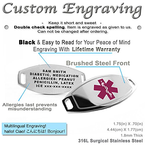 My Identity Doctor - Women's Medical Alert Bracelet with Custom Engraving - 1cm Steel Black Hearts - Purple - Wrist Size 7.25 Inch