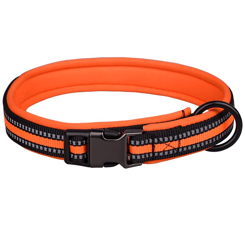 haoyueer Reflective Nylon Dog Collar with Safety Buckle, Adjustable Pet Collars with Soft Neoprene Padding for Small Medium Large Dogs (M fit neck 42-55cm, Orange)