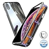 Magnetic Adsorption Case for iPhone XR , [360 Full Body Protection] [Metal Frame] [Support Wireless Charge]Ultra Thin Clear Hard Tempered Glass Back Cover for iPhone XR 6.1'' [Clear Black]