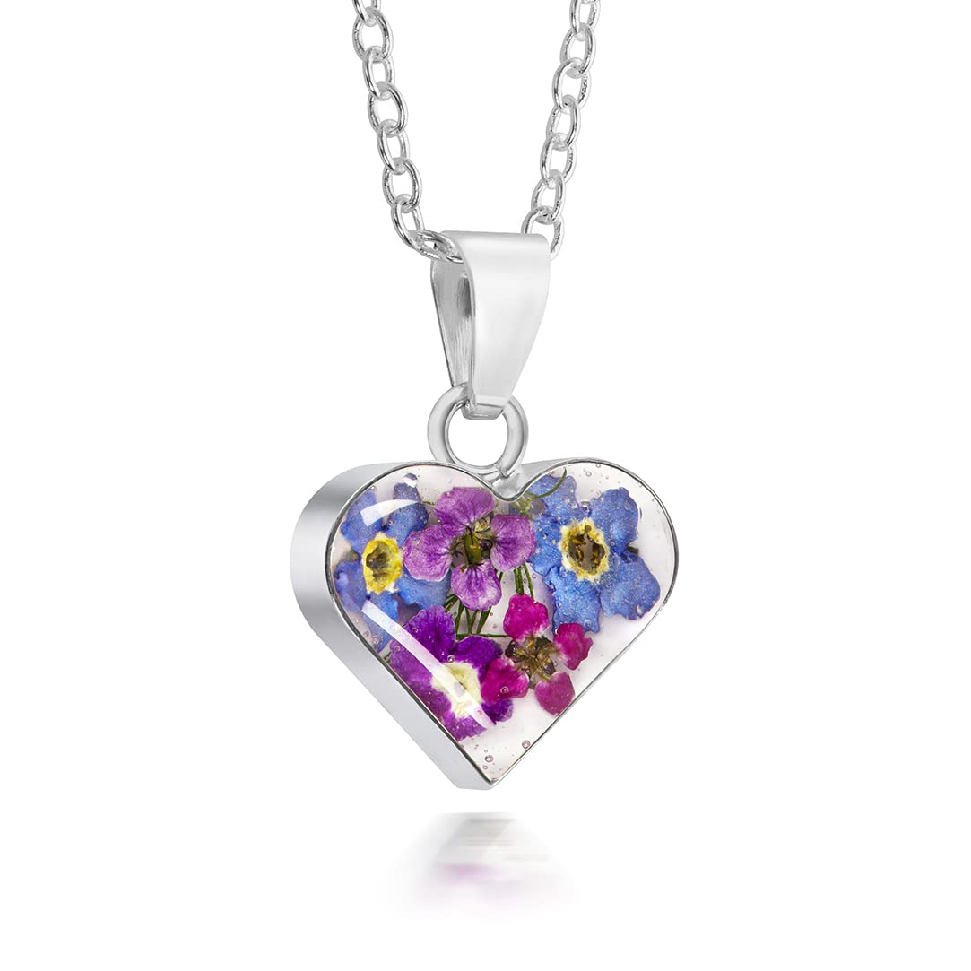 Natural Flower Jewellery Sterling Silver Small Heart Pendant Made with Real Flowers Purple Mix …