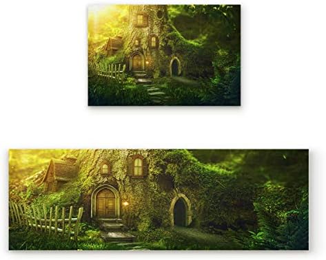 Fantasy Star Kitchen Rugs Sets 2 Piece Floor Mats Fairy Wonderland Tree House Doormat Non-Slip Rubber Backing Area Rugs Washable Carpet Inside Door Mat Pad Sets (19.7" x 31.5"+19.7" x 63")