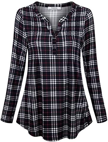 Youtalia Women's Pleated Button Down Blouse Plaid Henley V Neck Long Sleeve Shirts Tunic Tops