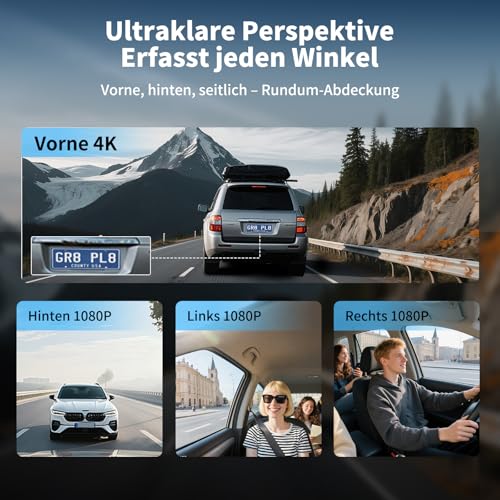 Dashcam Auto Vorne Hinten 4K/1080P,4 Kanal Auto Kamera mit 64GB SD-Karte,360°Dash Cam mit parküberwachung,4X140° Weitwinkel,3" IPS-Bildschirm,WDR Nachtsicht(8 IR-LEDs),G-Sensor,Loop-Aufnahme,WiFi App