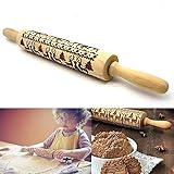 Christmas Wooden Rolling Pins, Elk Deer Engraved Embossing Rolling Pin with Christmas Symbols, Kitchen Baking Tool for Embossed Cookies Waffles Pastry Dough Pies
