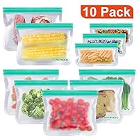 Reusable Food Storage Bags, Silicone and Plastic Free Ziplock for Food, Snack, Fruit, Cereal | BPA Free & Freezer Safe | Reusable Sandwich Bags with Zipper and Seal Lock, Pack of 10