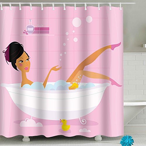 Custom Woman In bubble Bath Pink Bathroom Shower Curtain Sets Waterproof Decor 71”(W) x 79”(H), Polyester