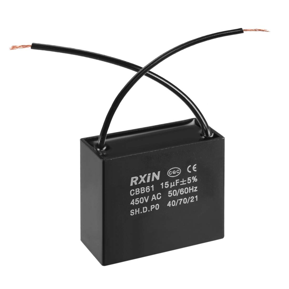Photo 1 of uxcell Ceiling Fan Capacitor CBB61 15uF 450V AC 2 Wires Metalized Polypropylene Film Capacitors 58x28x50mm for Water Pump Motor Generator