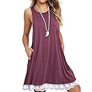 Sanifer Women Summer Tunic Dress Lace Tank Dress Sleeveless T-Shirt Dress With Pockets (X-Large, Red)