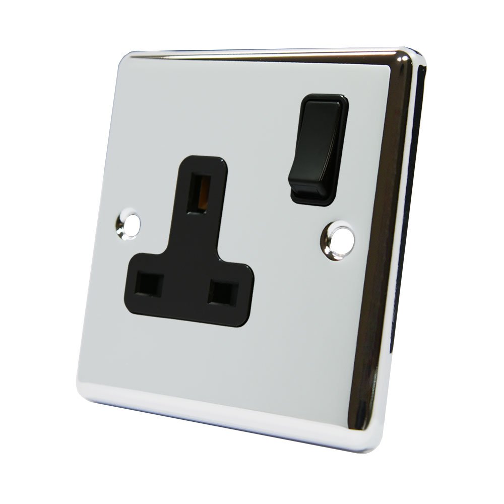AET CPC1GSOCBL 13 A 1-Gang Polished Chrome Classical Single Plug Socket with Insert Plastic Rocker Switch