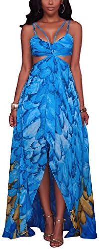 Qeosuphe Women's Sexy Spaghetti Strap Irregular Hem Printed Bohemian Maxi Beach Dress (Blue S)