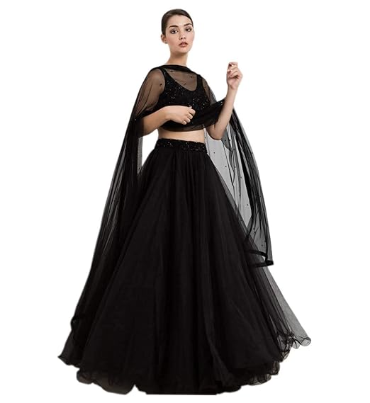 Womens Net Lehenga Choli (Black, 40W x 30L)