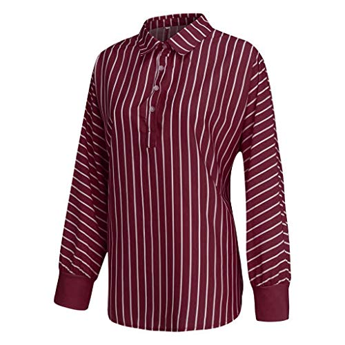 TIFENNY Tops for Woman Summer Loose Casual Striped Button Down Lapel Long Sleeve Shirts Top Blouse Dress Wine