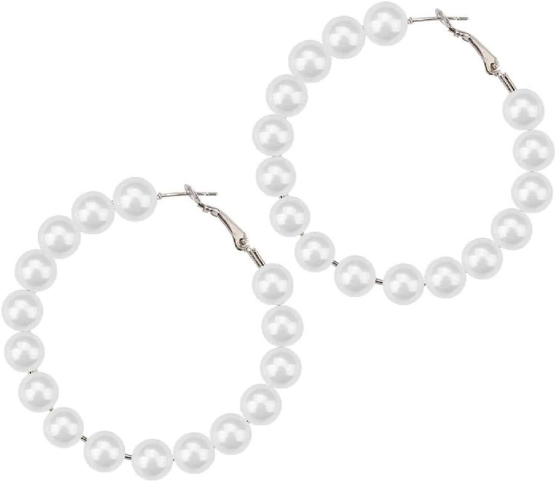 White Immitation Pearls Boho Latest Stylish Big Hoop Earrings for Girls and Women