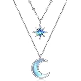 YFN Moon Star Necklace Sterling Silver Abalone Double Layered North Star Pendant Necklace Moonstone Moon Jewelry Celestial Gift for Women
