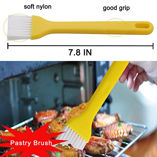 POLIGO 10PCS BBQ Skewers Set - Flat Stainless Steel Metal Grilling BBQ Stick Shish Kebab Kabob Skewers With Wooden Handle - set of 10 in Handy Storage Pouch with Basting Pastry Brush