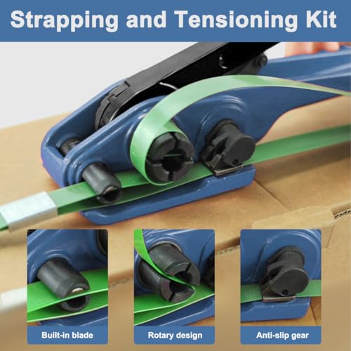 Strapping Tool Kit 4-in-1 PET/PP Handy Baler Packing Strap Tensioner, Heavy Duty Manual Pallet Packaging Strapping Banding Cutter with Tensioner Sealer, 250M Belt, 100 Metal Seals for Hose Clamp Cable