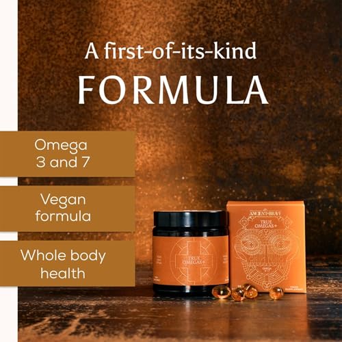 Ancient + Brave True Omegas+ 60 Capsules - Vegan Omega-3 Omega-7 - Nutrition Supplement – Plant Based Essential Fatty Acids for Vision Brain and Heart Health