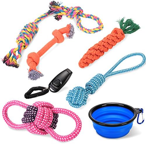 2017 REXWAY Extra Sturdy Dog Rope Toys for Aggressive Chewers, BONUS Free Collapsible Water Bowl and Training Clicker for Outdoor Play (Set of 7)