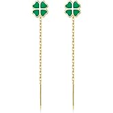 Reffeer Solid 925 Sterling Silver Leaf Clover Dangle Earrings Chain for Women Teen Girls Green Leaf Tassel Drop Earrings Threader
