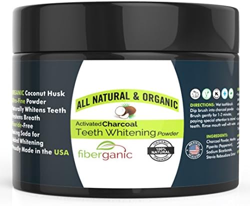 Charcoal Teeth whitening Powder – Safe on Sensitive Teeth and Gentle on Gum – Enriched with Baking Soda for Brighter Smile 2.1oz / 60g by Fiberganic