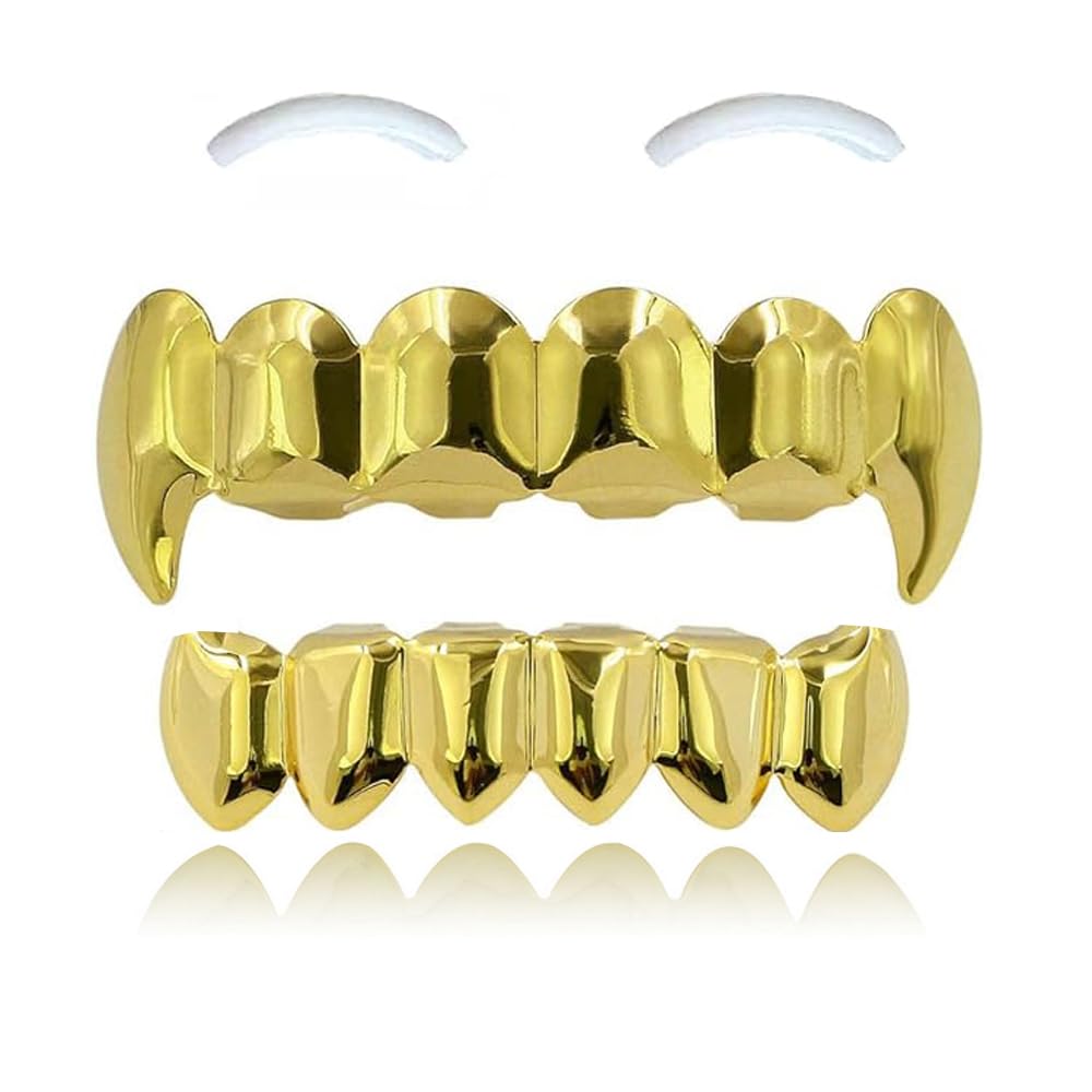SSyang Hip Hop Teeth Grills for Mouth Braces Decoration with 2 Silicone Moldings Hip Hop Teeth Grills for Mouth Top Bottom Music Festival Party Hip Hop Rapper Decorations Fangs(Gold)
