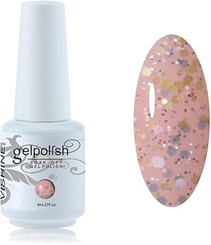Vishine Vernis à Ongles 8ml Semi Permanent Nail Polish Uv Led Soak Off Gels Manucure Rose Transparent Avec Bleu Et Jaune Paillettes 1626