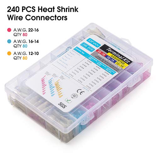 240PCS DIFVAN Heat Shrink Wire Connectors, Waterproof Electrical Terminals Kit, Marine Automotive Crimp Connector Assortment with Tweezers, Terminals Set Ring, Fork, Spade, Butt Splices