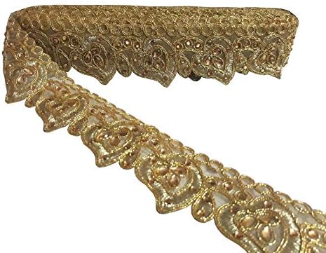 2 Yard Golden Kundan Lace,Glass Beads,Stone Work Border,Bollywood Sari,Wedding Saree Border Embroidered Ribbons Indian Trim