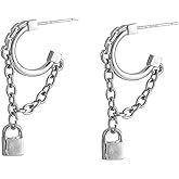 MALOYANVE Mini Lock Chain Hoop Earrings for Women Unique Creative Silver Plated Charm Padlock Dangle Drop Stud Hoops Earring Jewelry
