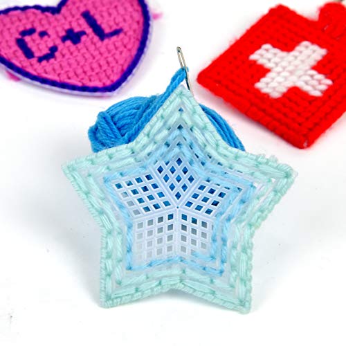 32 Piece Needlepoint Canvas Kit - 3" Plastic Canvas (10 Each of Heart, Star and Square) with 2 Plastic Canvas Needlepoint Needles