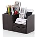 KINGFOM PU Leather Desk Organizer Office Accessories Collection Storage Box, 3 Compartments Pen Pencil Holder with Small Drawer (Brown)