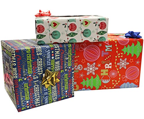 Winter Themed Gift Wrap in Assorted Bright Styles 24 in x 20 ft in Each Roll, 3 Rolls