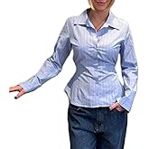 Women Y2K Fitted Button Down Shirt Striped Long Sleeve Coquette Shirt V Neck Vintage Aesthetic Preppy Blouse Top