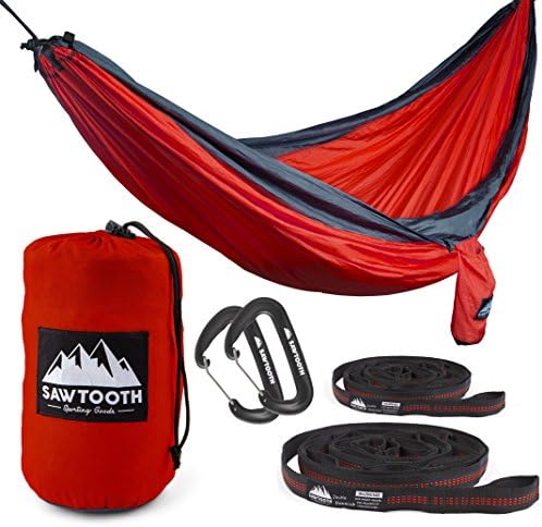 Sawtooth Double Camping Hammock with Tree Straps and Aluminum Carabiners - Complete KIT - Lightweight Portable Parachute Nylon for Backpacking Hiking Travel Beach Park Yard.