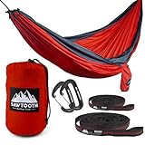 Sawtooth Double Hammock with Straps and Premium Carbiners. Best Parachute Nylon, Portable Hammock with Utility Loops