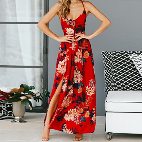 Nikuya Women Floral Print Cross Strap High Waist Split Casual Sleeveless Sling Dress (Red, S)