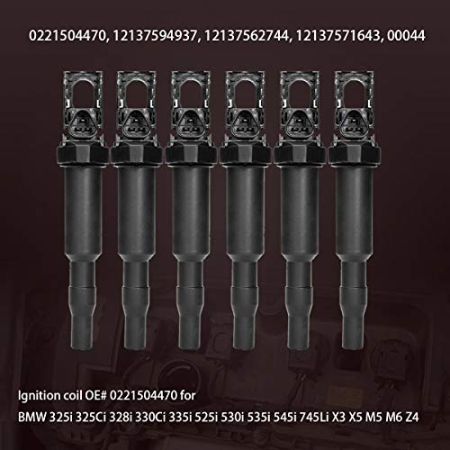 YLING Ignition Coil Pack Set of 6 Replaces OE# 0221504470 for BMW 325i 325Ci 328i 330Ci 335i 525i 528i 530i 535i 545i 745Li X3 X5 M5 M6 Z4 & More - 2 Yr Warranty