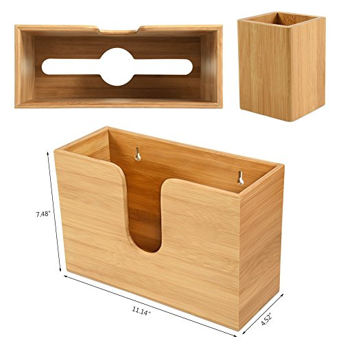 Bamboo Paper Towel Dispenser for Bathroom Decor - C-fold Wall Mounted Countertop Paper Holder with Bamboo Utensil Holder